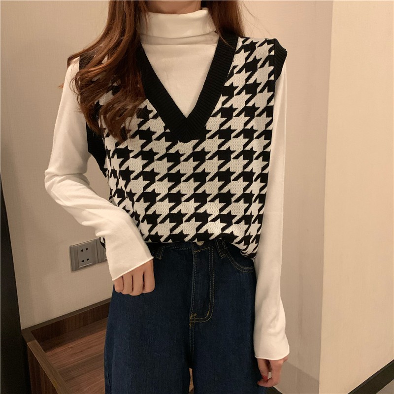 Rompi Kotak-kotak V-neck rajutan wanita gaya Korea longgar tanpa lengan