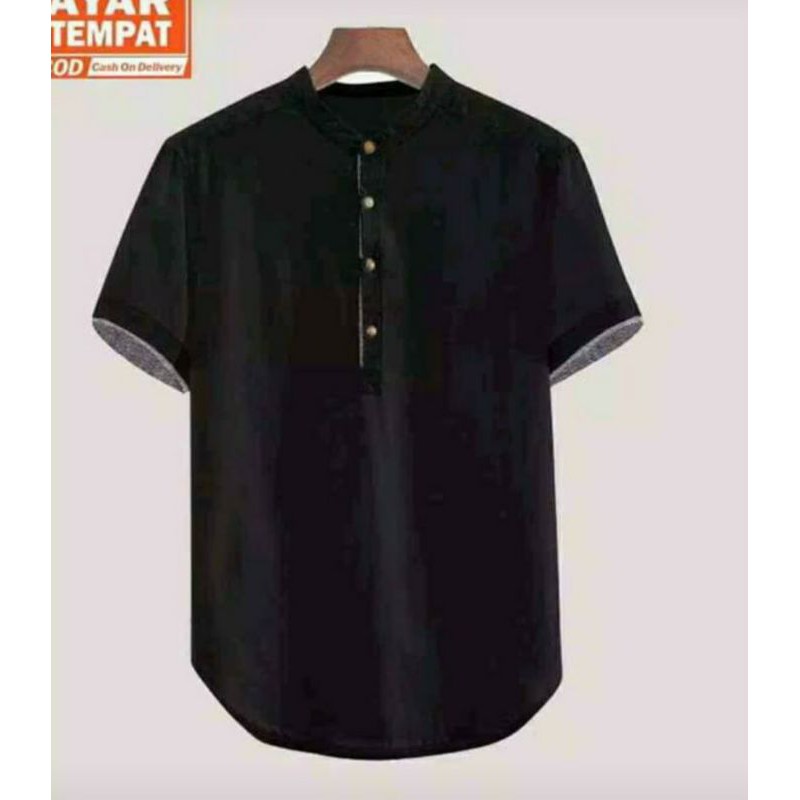 Kurta Hanafi Casual Lengan Pendek Pakistan Baju Koko Lengan Pendek Trendy-Hitam