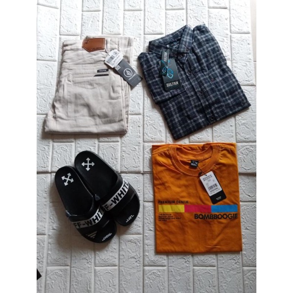 4 in 1, celana, Kaos,Flanel Premium impor, satu set outfit distro Quality