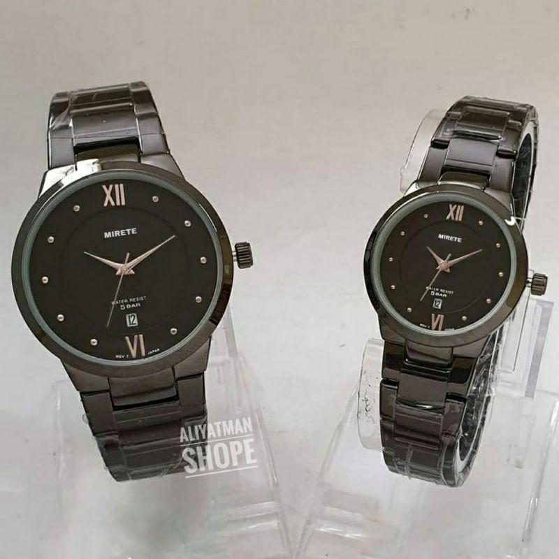 Free Box !!! Jam Tangan Couple Anti Air Import Mirete Original Full Black Pria &amp; Wanita | Tanggal Aktif _ Rantai Stainlees Stel