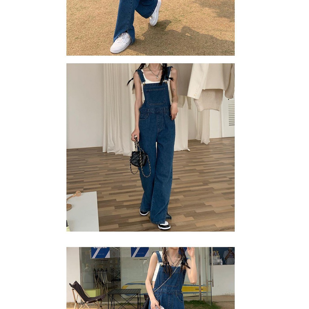 Suhao Baru keseluruhan slits slits vintage celana jeans wanita garis garam lurus kaki lebar jumpsuit