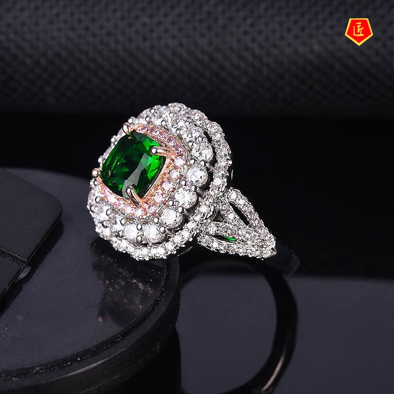 [Ready Stock]Fashion Inlaid Square Diamond Emerald Two-Tone Ring