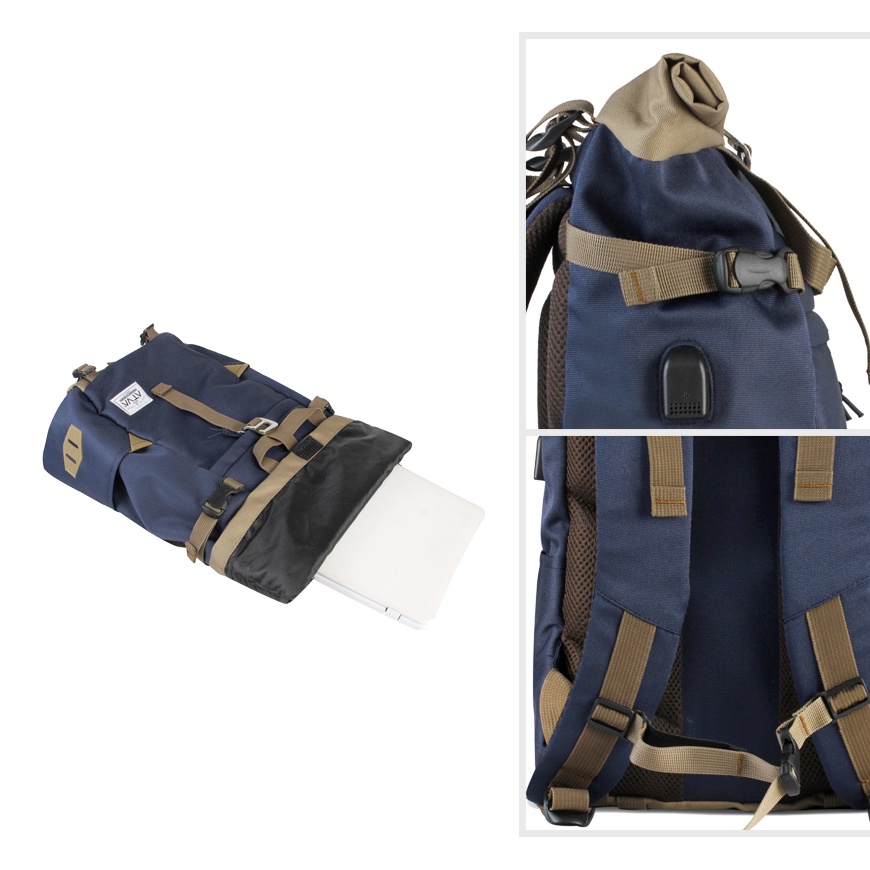 HARRIER NAVY KHAKI ORIGINAL x ATVA Ransel Casual Biru Dongker Pria Wanita Daily Backpack Kuliah Kampus Kerja Kantor Sekolah SMA SMK Tas Punggung Laptop Ukuran Besar 14 Inch Rolltop Bagpack Distro Premium Roll Top Outdoor Travel Traveling Bag Keren Terbaru