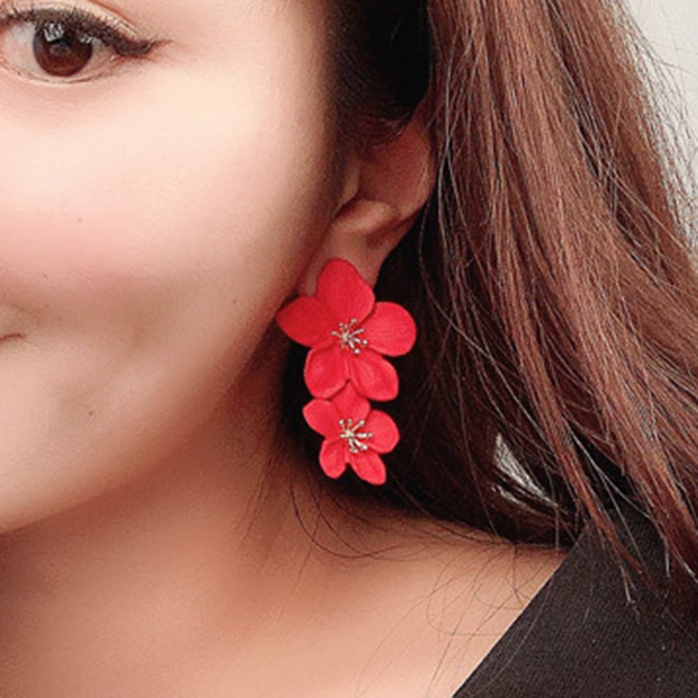 Hu Hu Hu Hu Hu Alat Bantu Pasang Kacamata♡ Anting Tusuk Gantung Wanita Desain Bunga Ganda Warna Polos Untuk Pesta