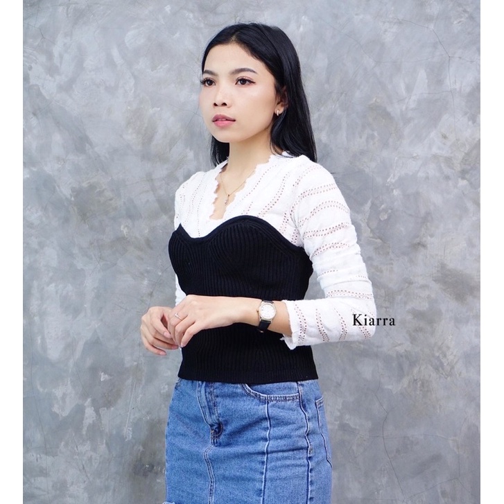 Pamela croptop atasan rajut v-neck renda import premium rajut