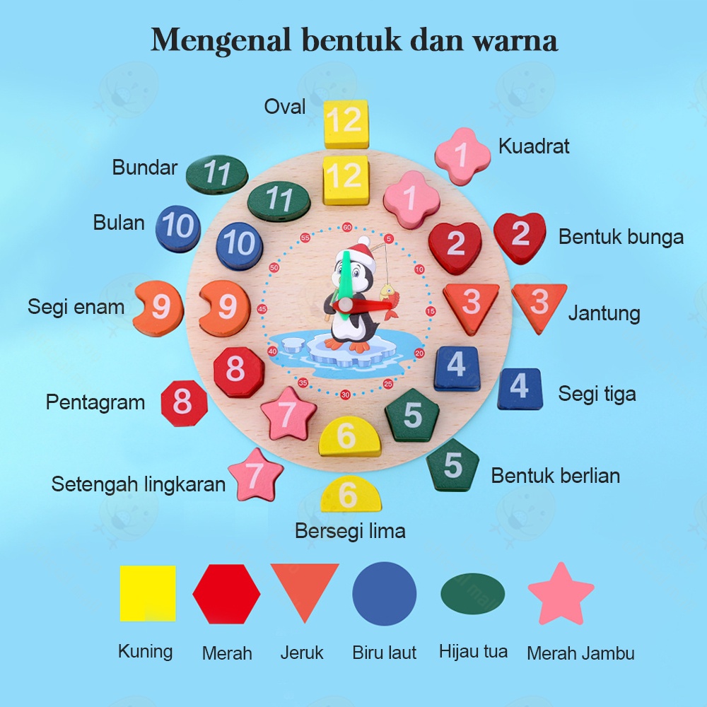 Poney Mainan edukasi jam kayu penguin beaded clock jam geometri