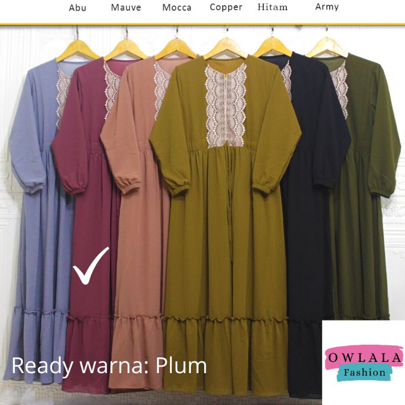 [SALE] Gamis Dress Pesta Ceruty Renda Plum Full Furing