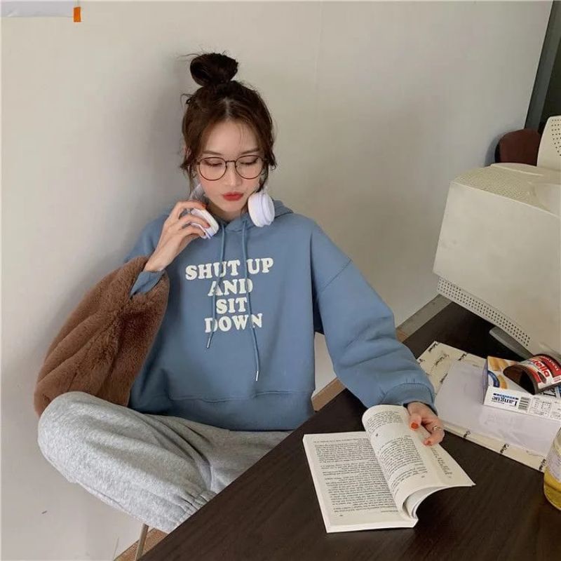 Jaket Hoodie sweater oversize pakaian pria wanita Outerwear Korean Style SHUT UP AND SIT DOWN