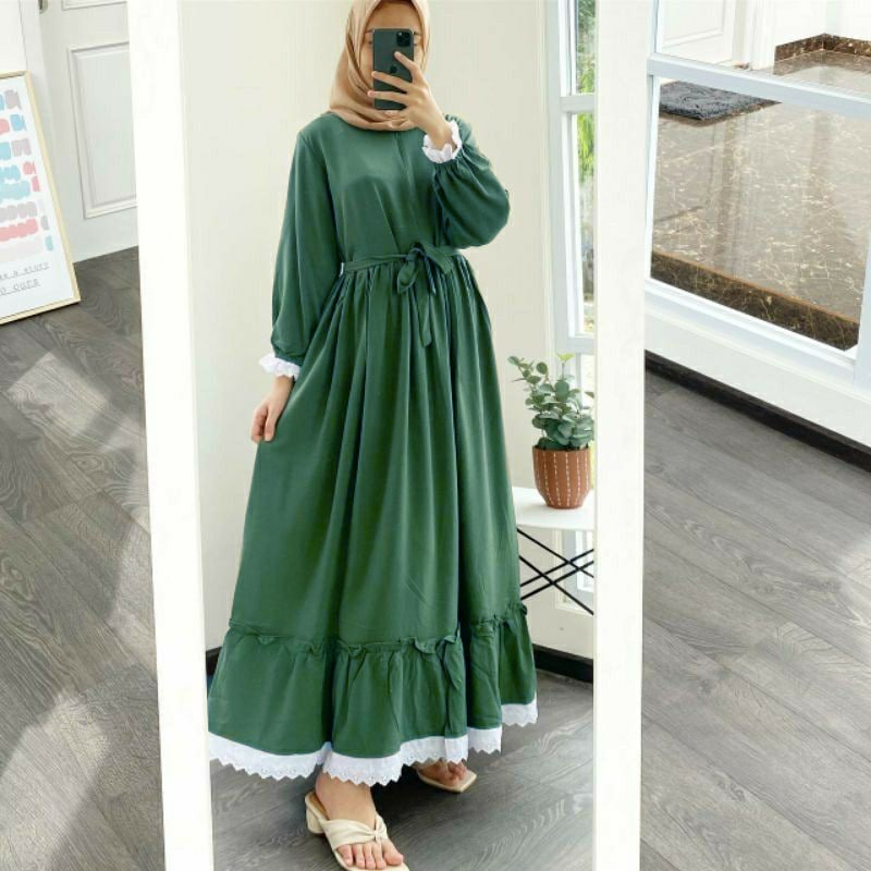 Baju Gamis Wanita Muslim Terbaru Sandira Dress cantik Murah kekinian GMS01 WN 1-SGN HIJAU BOTOL