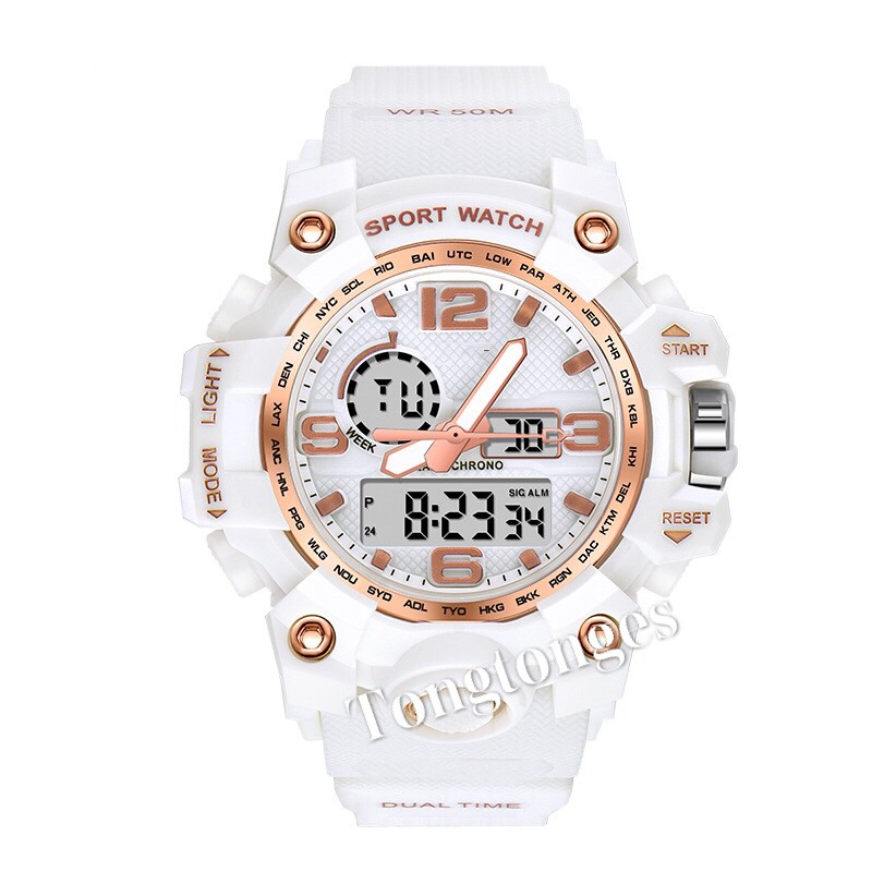 PROMO ANTI AIR RUBBER JAM TANGAN PRIA SPORT FASHION  DUAL-TIME  LIST PUTIH WANITA  FREE BATERAI