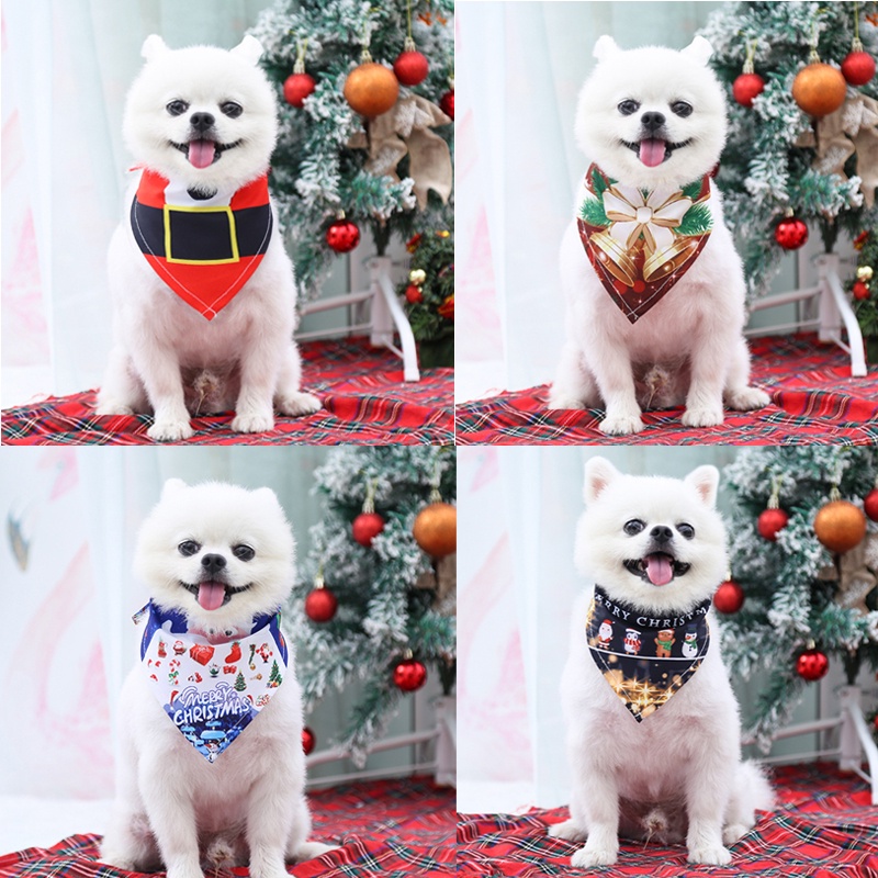 Christmas Pets Saliva Towel Cartoon Santa Claus Print Dog Bib Cat Christmas Dress Up Cotton Triangle Scarf Animals Happy New Year Gifts