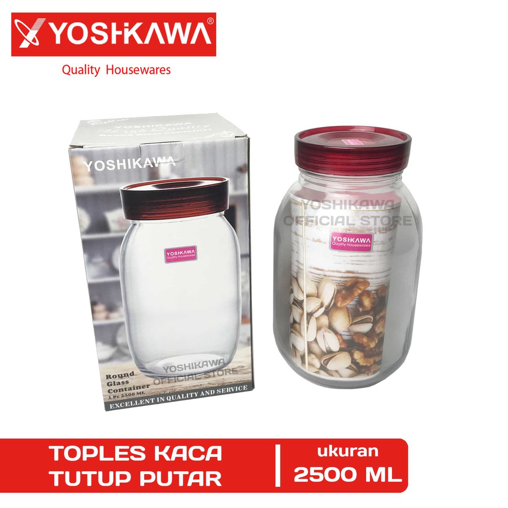 

YOSHIKAWA Toples Kaca Polos Tutup Putar Size XL 2500 ML Round Glass Container EVL-CW-1083-XL Clear