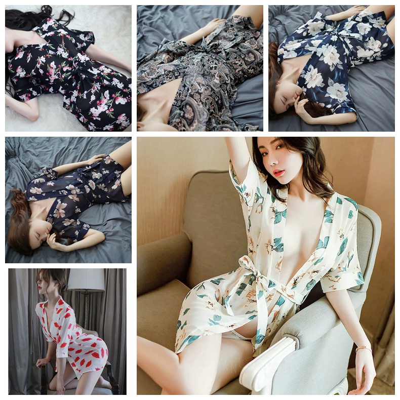 Wanita Lingerie Sexy kimono Baju Tidur Hot Transparan Seksi Set Pakaian dalam sifon 3A187