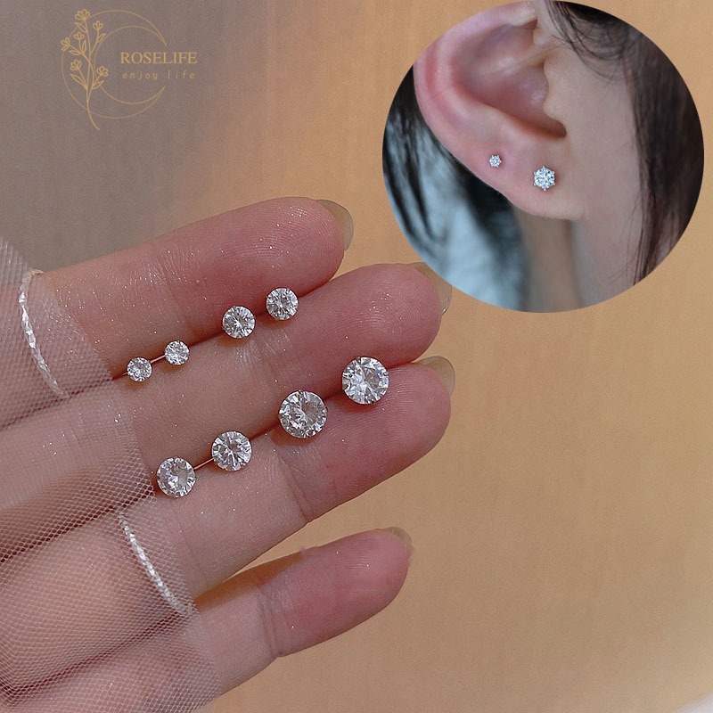 Roselife S925 Silver CZ Stud Earrings Simulated Diamond Round Cubic Zirconia Ear Stud 1 Pair