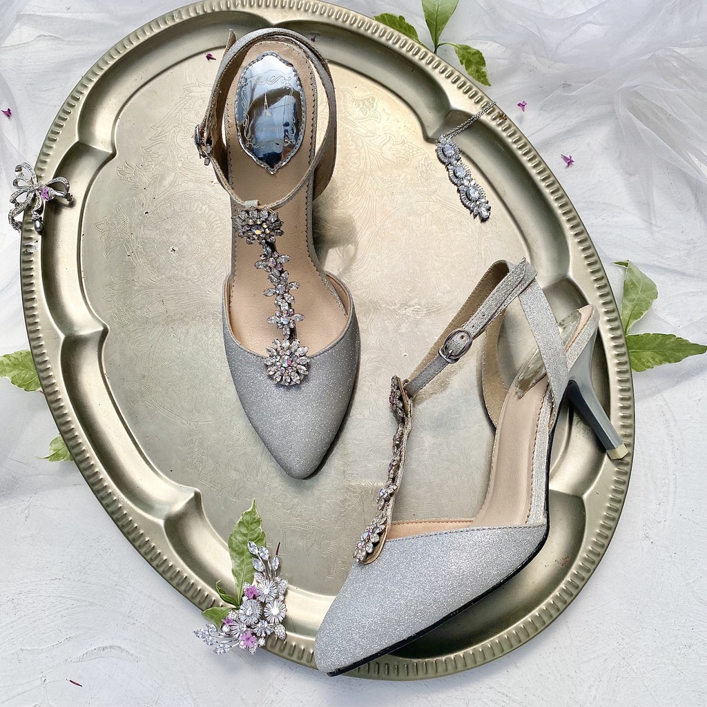 Silver T-Strap Sandal Sepatu Pesta Wanita Tali Sepatu Stiletto Heels 8cm AVEDA FI6046A