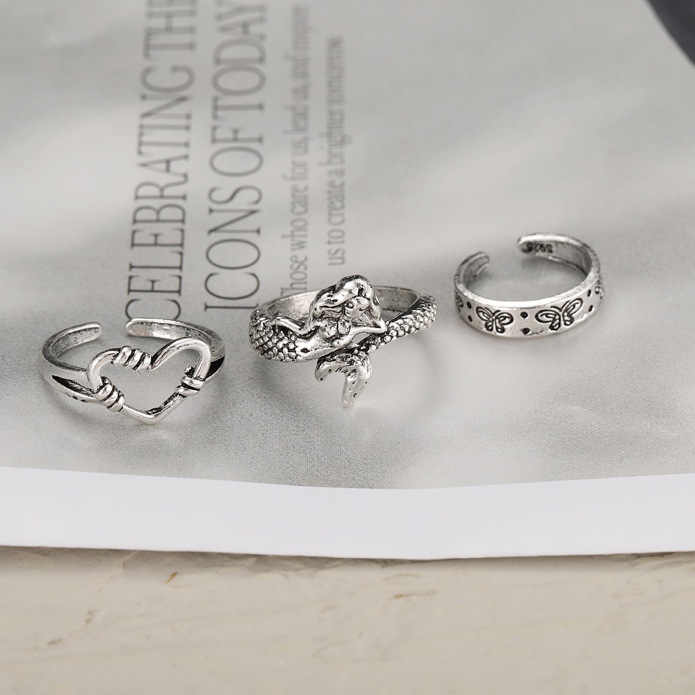 3pcs / Set Cincin Adjustable Desain Hati Butterfly Mermaid Untuk Wanita