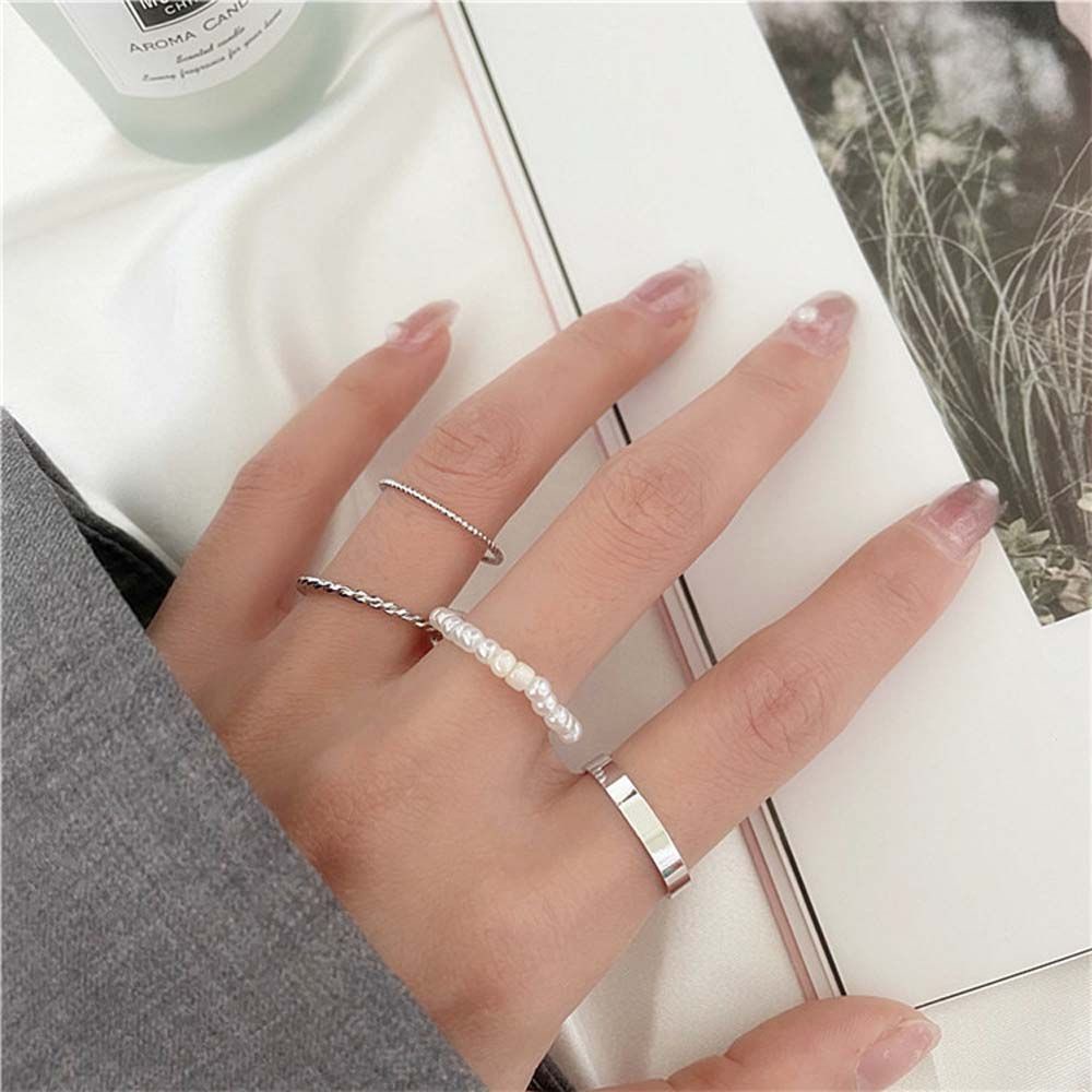 Needway  Geometric Finger Ring Set Personality Fashion Jewelry Pearl Rings Women Circle Minimalist Korean 4 PCS/Set Girls Twist/Multicolor