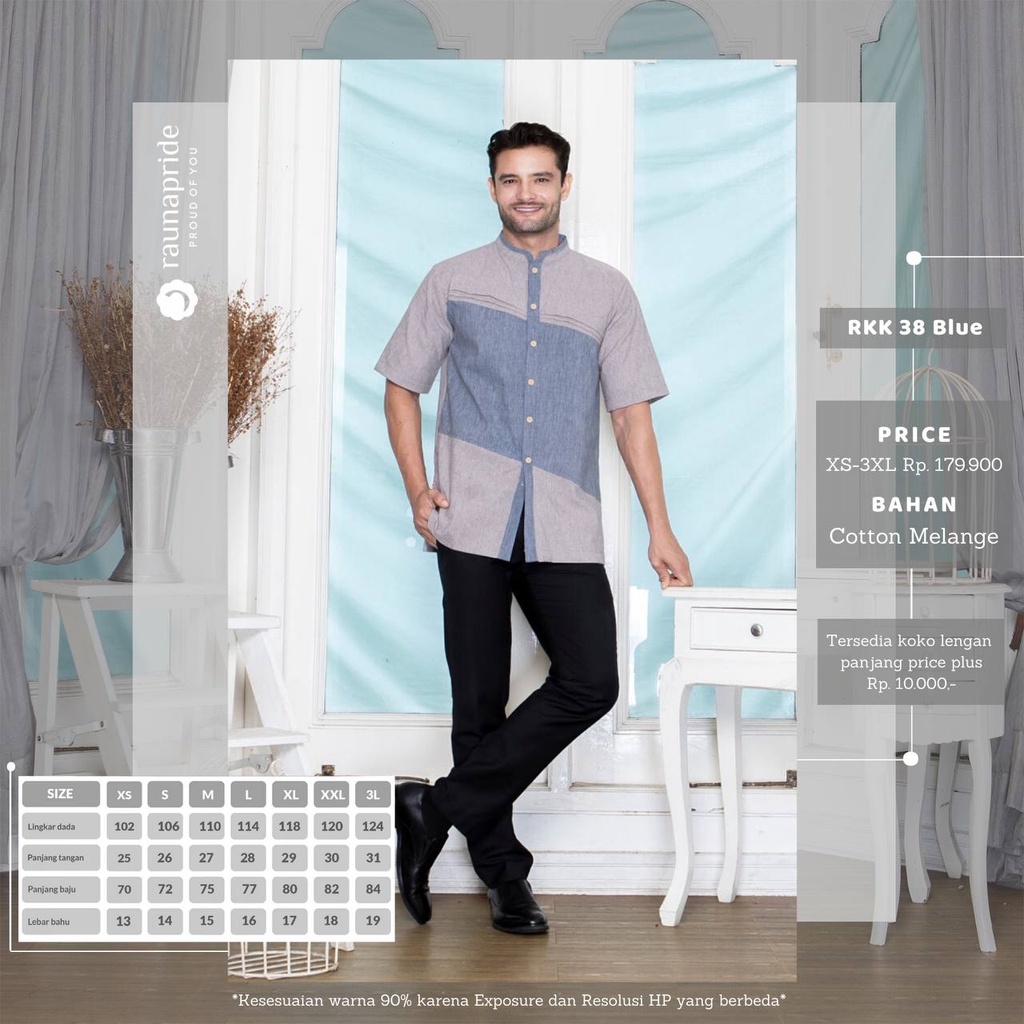 Rauna kemeja koko pria dewasa remaja lengan pedek dan lengan panjang RKK 38 blue