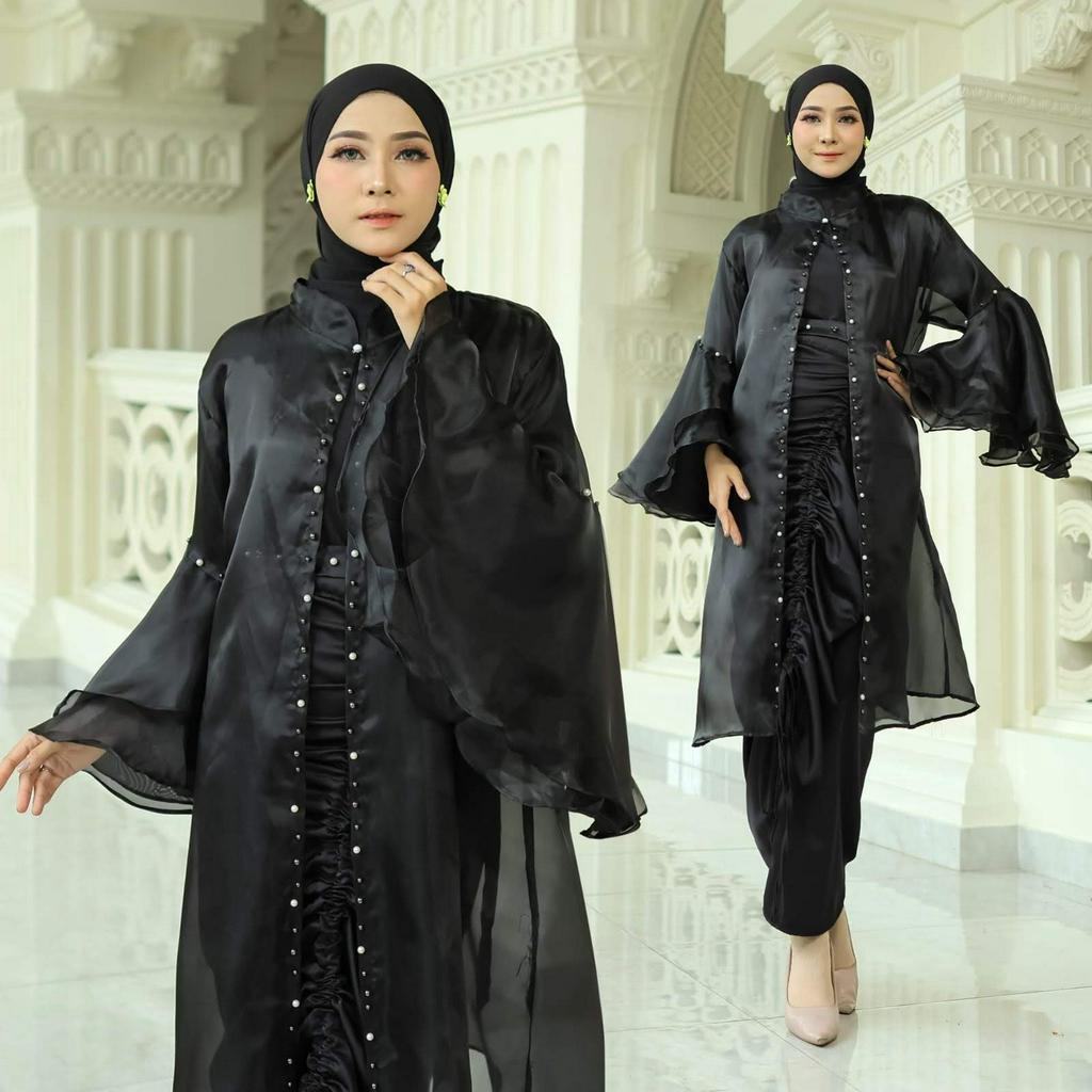 ELDE 77 - Set Rok Lilit + Cardi Belle Matt Cardi Full Organza Import Aplikasi Mote Tembak, Rok Lilit Serut Roberto Cavali ORI, Onesize Fit To XL ( NO INNER, NO JILBAB )