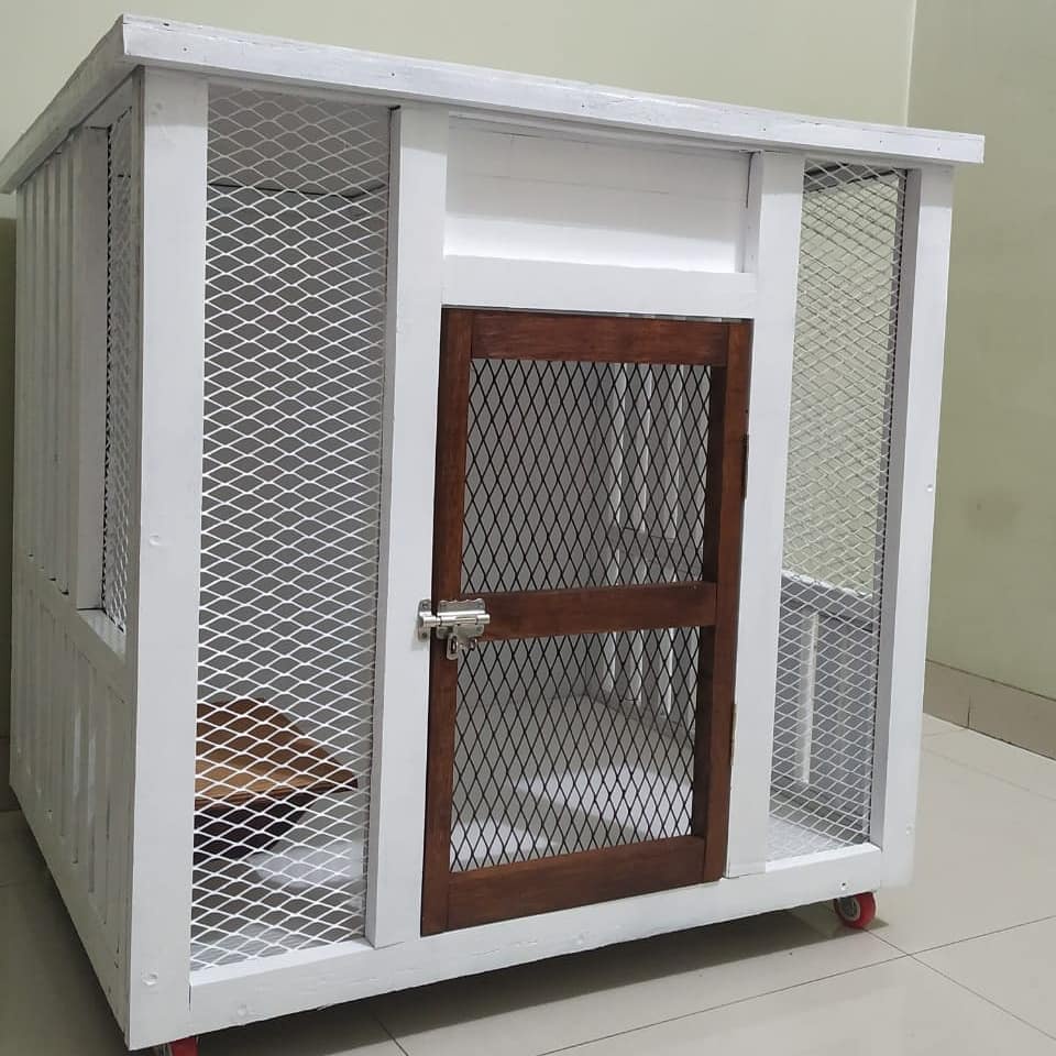 Kandang anjing kucing kelinci bahan kayu custom kawat tebal dg roda