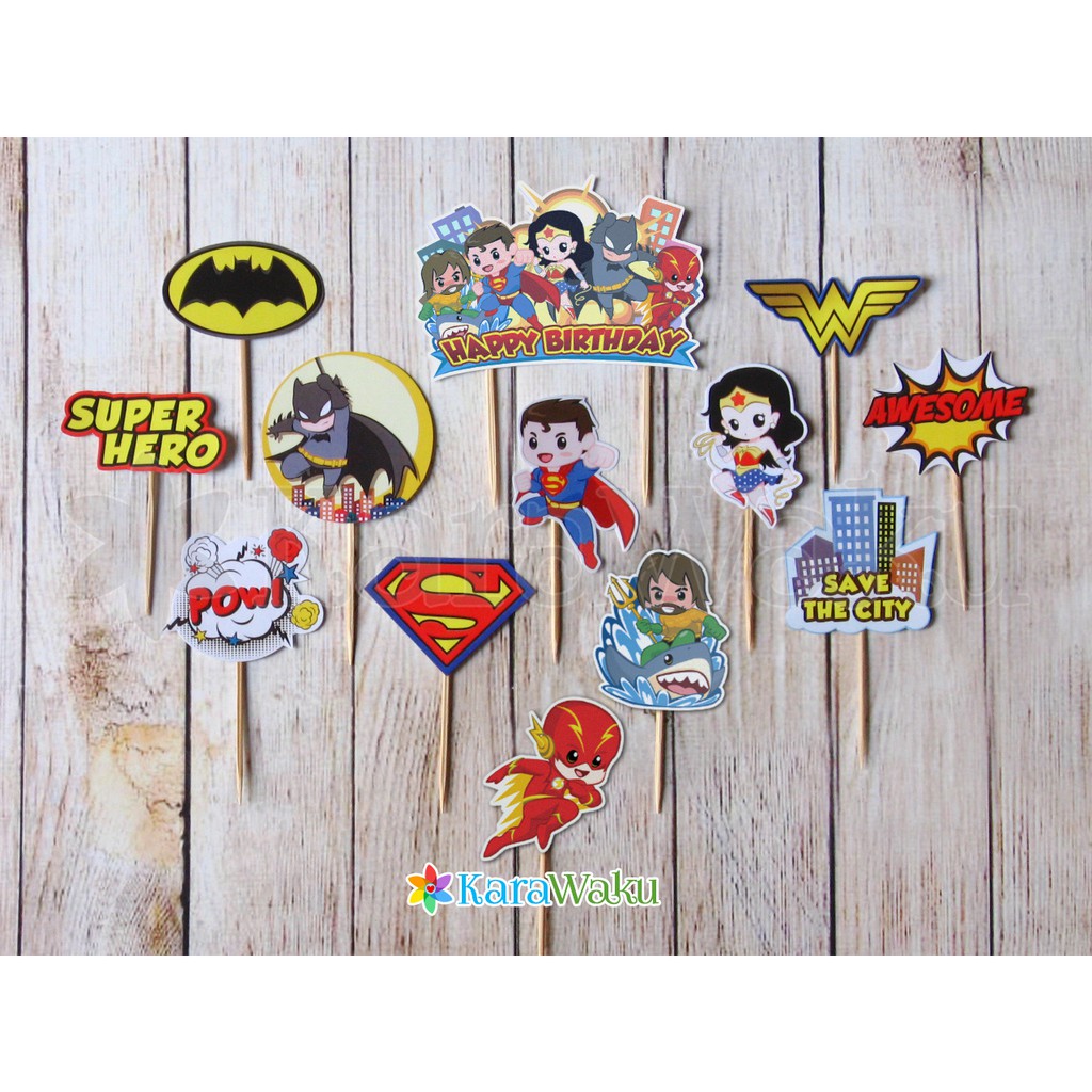 

Superhero Birthday Cake Topper / Hiasan Tusukan Kue Cupcake Puding Superman Wonderwoman Batman Aquaman Flash (1 set)