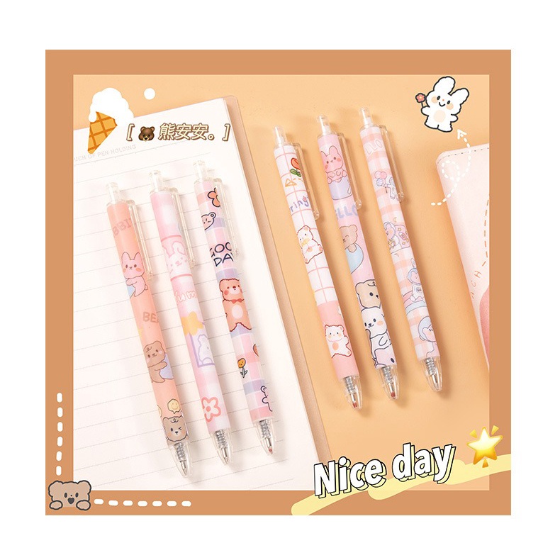 Bolpen tinta warna hitam 0.5 mm lucu motif beruang pink pulpen bolpoint pena tulis gadis imut korea pink kuning hijau biru