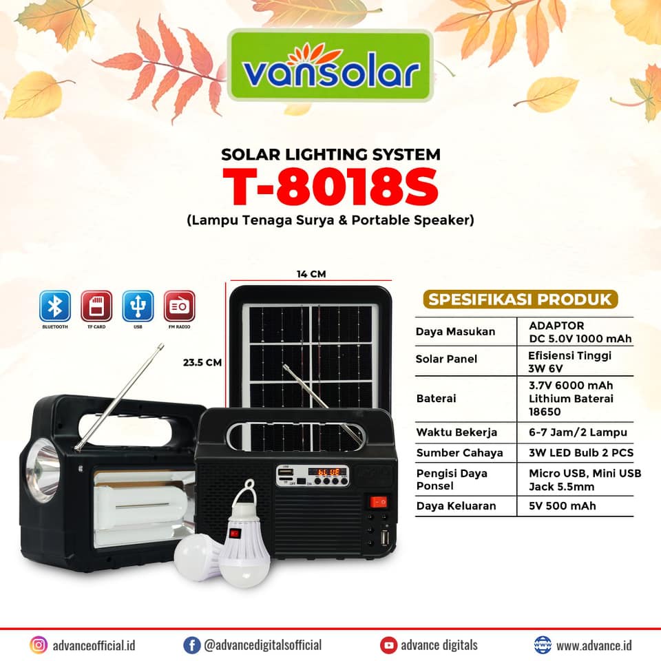 Advance Vansolar T-8018S Lampu tenaga Surya dan Speaker / Alat Camping | FMS