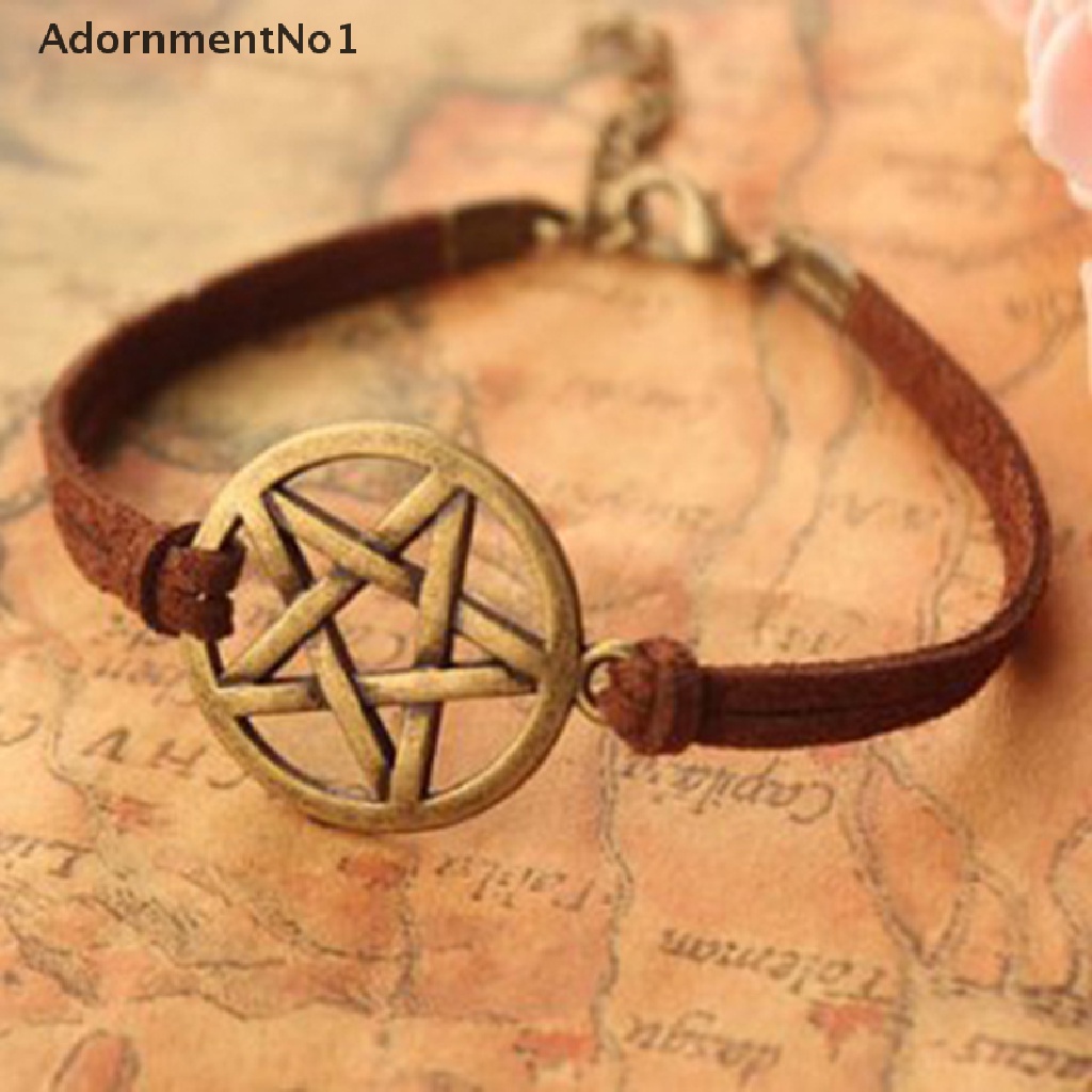 (AdornmentNo1) Gelang Tangan Tali Coklat Aksen Liontin Pentagram Perunggu Gaya Retro Untuk Wanita