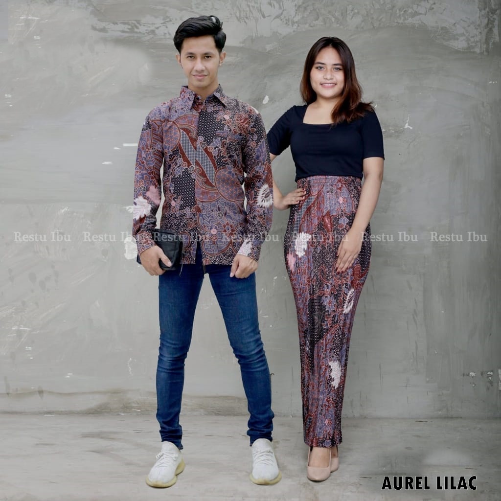 BATIK COUPLE / BAJU BATIK COUPLE / BATIK SET / SETELAN COUPLE ROK PLISKET / ROK PLISKET COUPLE KAMEJA BATIK / ROK PLISKET COUPLE LENGAN PANJANG / ROK BATIK PLISKET COUPLE / ROK PLISKET BATIK DAN KEMEJA / MOTIF AUREL LILAC