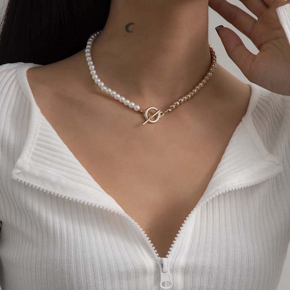 Needway  Temperament Women Necklace Simple Chocker Clavicle Chain Chain Imitation Pearl OT Buckle Korean Personality Retro Fashion Jewelry