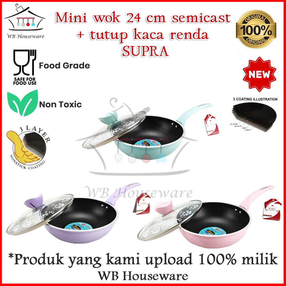 mini wok 24cm supra warna pastel + tutup kaca / panci penggorengan anti lengket