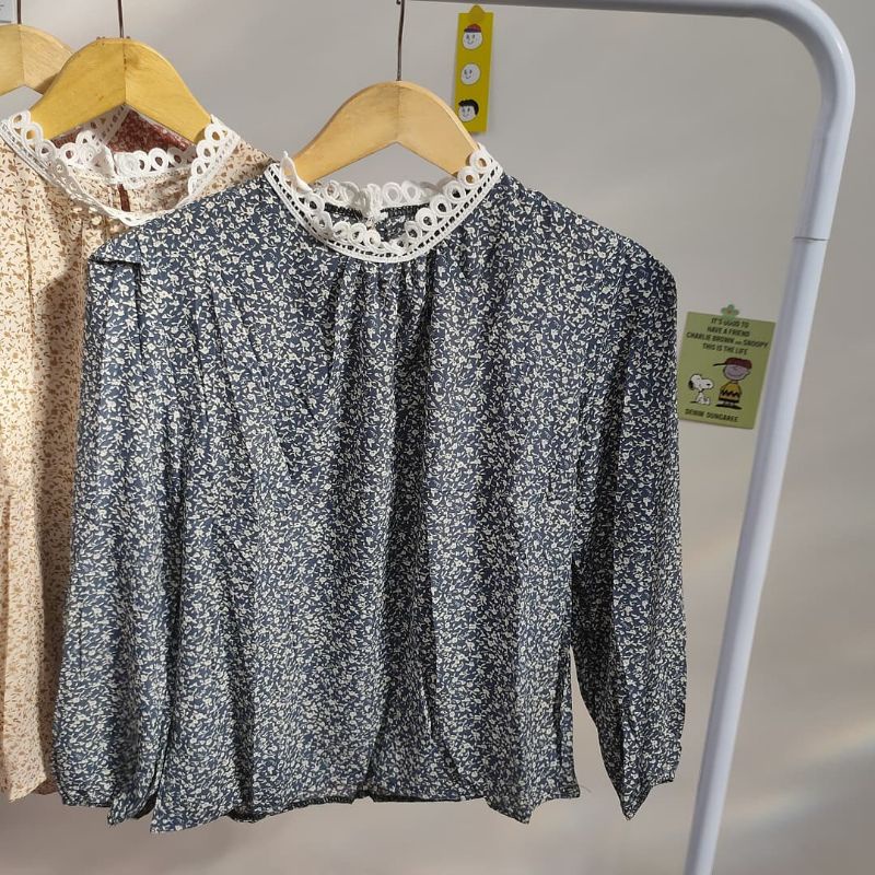 【BISA COD】Chiffon Lace Floral Blouse wanita Lengan Panjang summer atasan blus import cewek-Navy