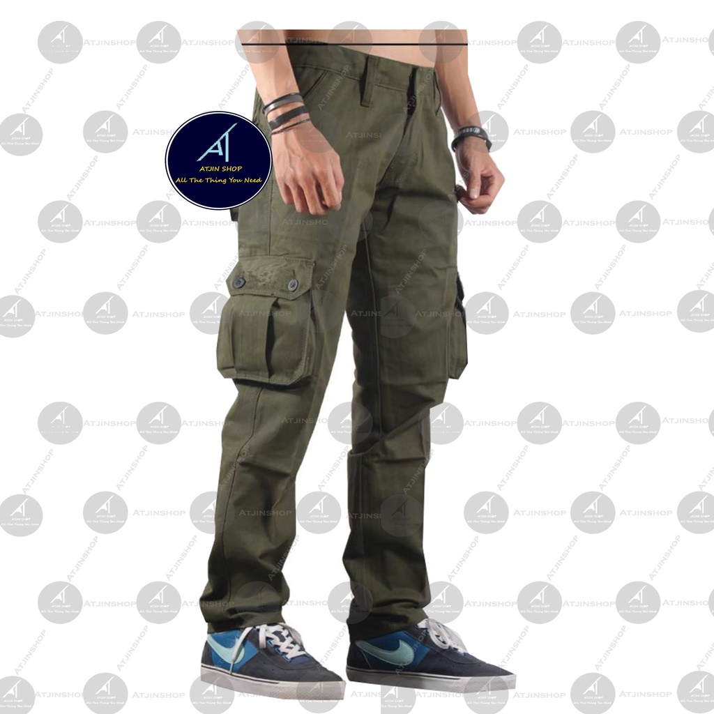 Atjin-Celana Panjang Kargo Multifungsi Katun Twill Stretch Atjin Original [ Size 28 - 40 ] / Celana Panjang Kargo Jumbo