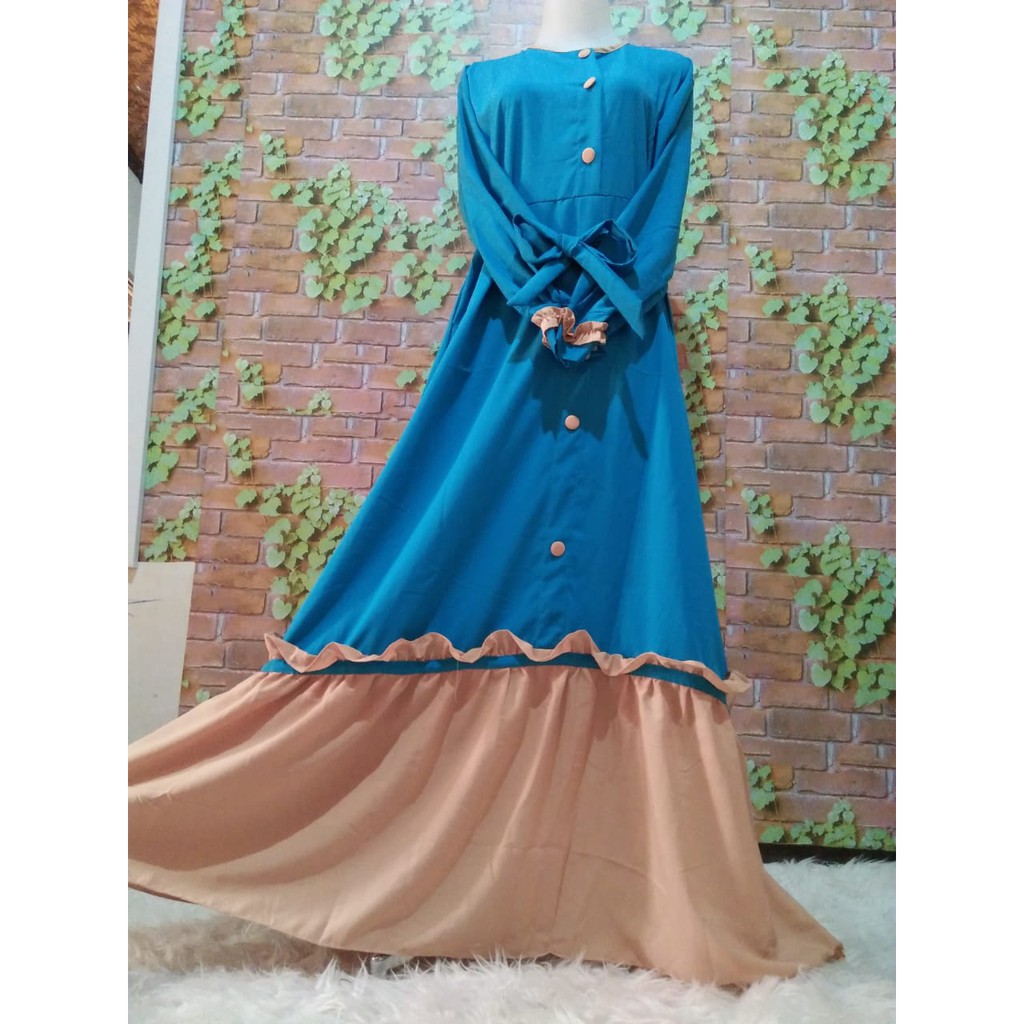 Gamis aulia wolfis toyobo Ruffle rempel 2 warna serut kancing syari baju muslim busana
