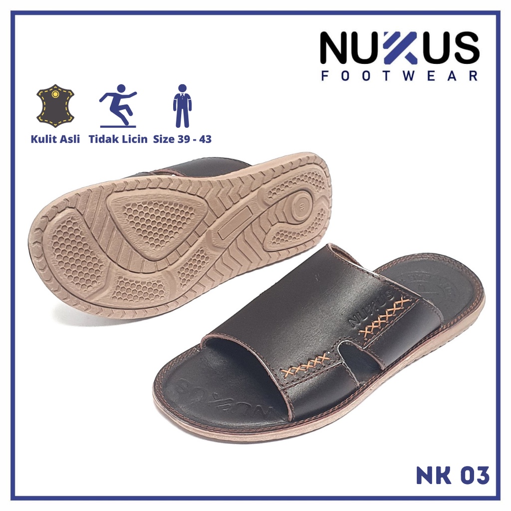 Nukus Sandal Selop Pria Dewasa Kulit Sapi Asli Coklat Tua - NK 03