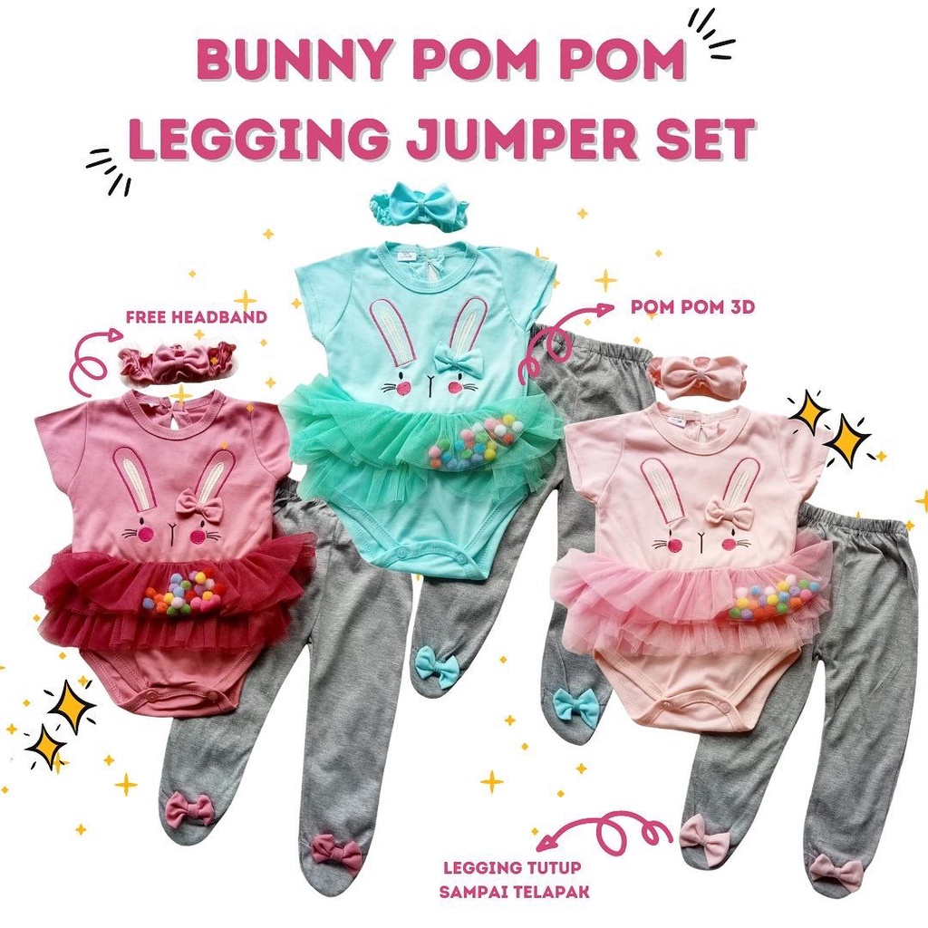 jumper newborn romper bay kado lahiran anak perempuan bunny pom pom legging JUMPER SET baby bayi cewek perempuan 0-12 bulan newborn romper fashion di