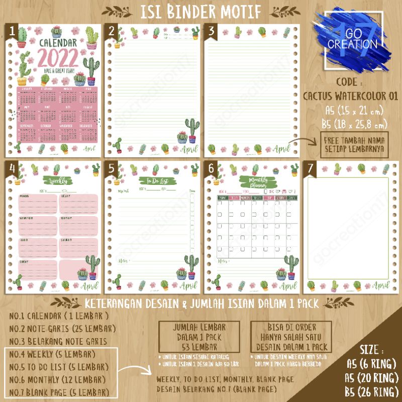

Buku Planner isi Kertas Binder Motif Cactus Watercolor 01 Premium A5 ring 20 dan A5 ring 6