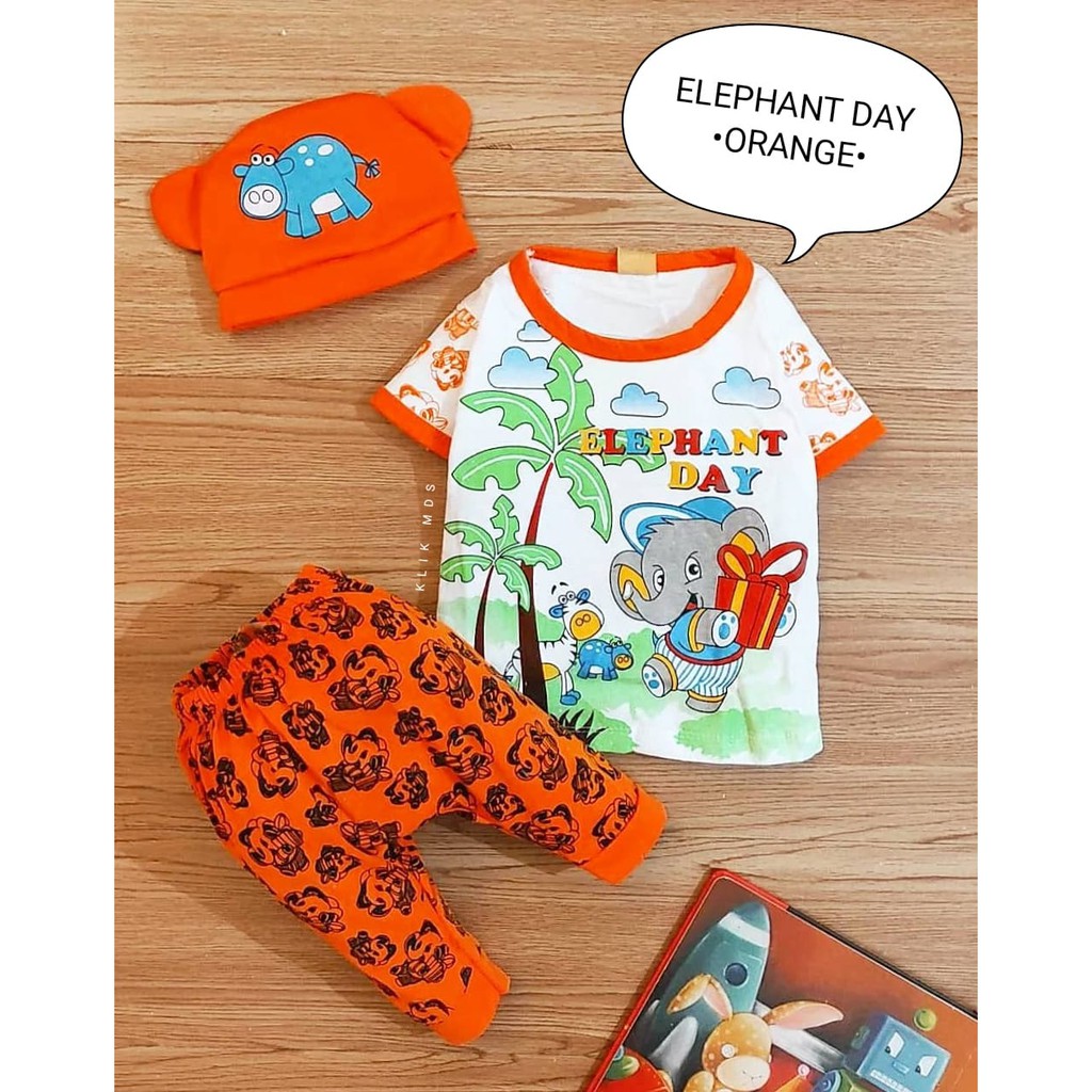 Setelan Baju Bayi Laki - Laki 0-6 Bulan Atasan dan Celana Joger Motif Elephant Day Free Topi