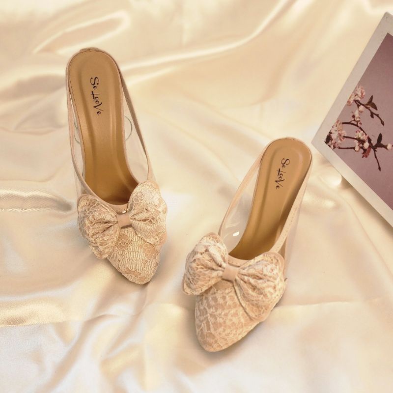 Arlaine- Imelda High Heels Wanita / Sepatu Heels Wanita / Heels Brukat Kaca / Heels 7cm / Heels Pesta / Selop Heels