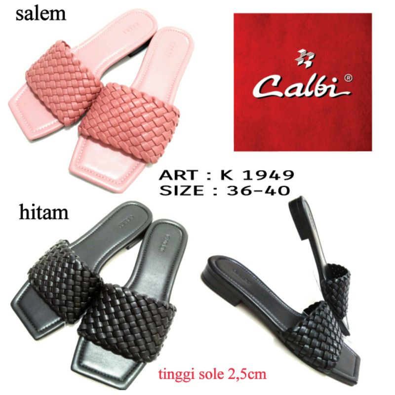 TERBARU SANDAL SLIP WANITA SANDAL KASUAL ORIGINAL CALBI K 1949 WARNA HITAM DAN SALEM SIZE 36-40