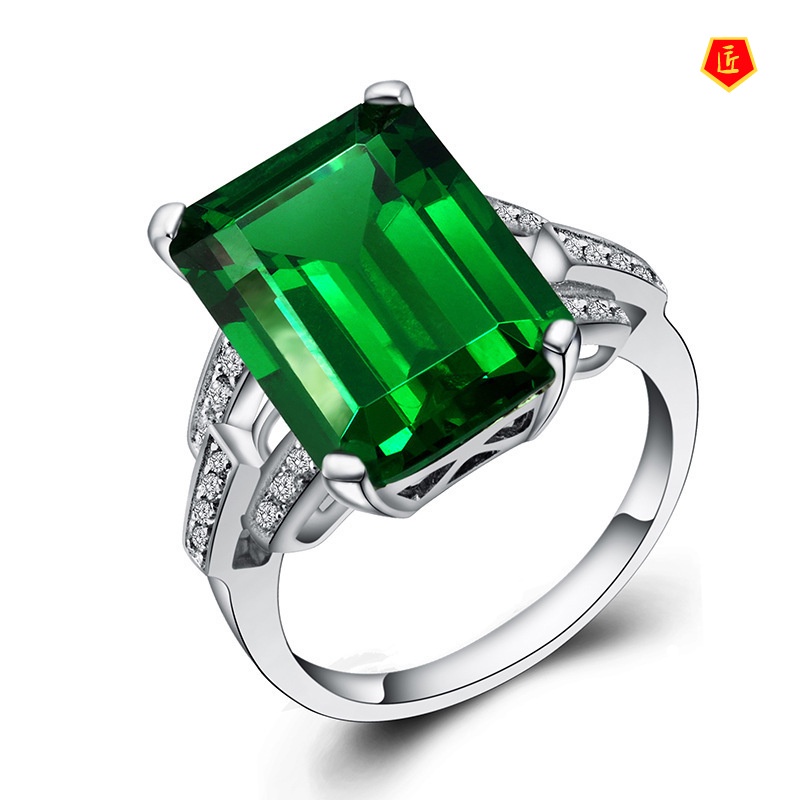 [Ready Stock]Square Emerald Ring 925 Silver Fashion Elegant and Personalized