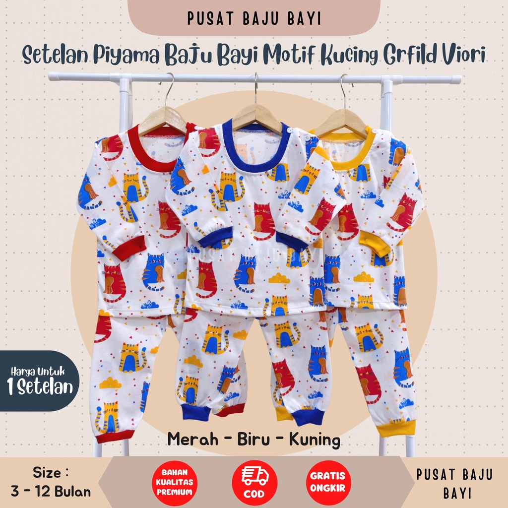 Setelan Baju Bayi Panjang 3 - 12 Bulan merk VIORI motif KUCING GRFILD