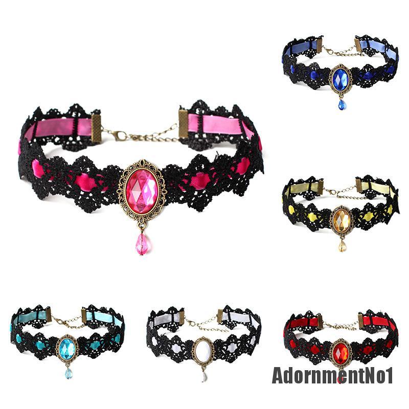 (Adornmentno1) Kalung Choker Lace Hitam Hias Kristal + Rantai Gaya Vintage / Gothic Untuk Wanita