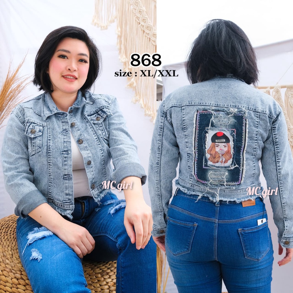 MC girl - Jaket Jeans Premium Crop Rawis Snow Blue Gambar Wanita / Jaket Denim Body Pendek Rumbai Ukuran XXL / Jacket Lepis Gambar Cewek Size 2XL