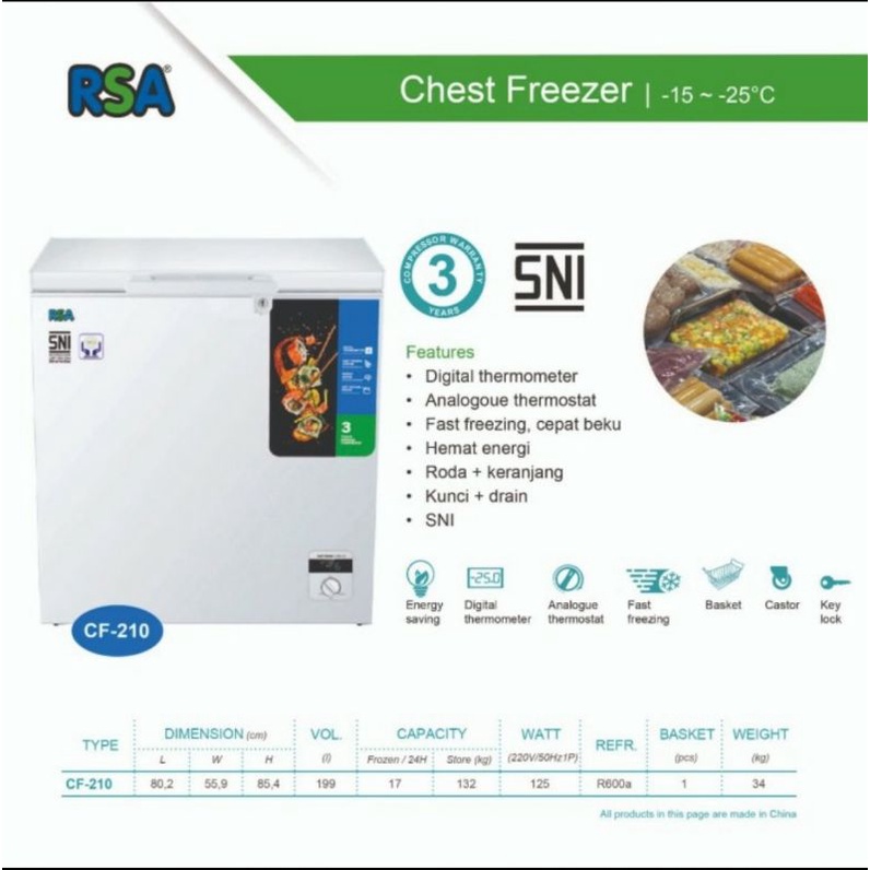 RSA CF-210 Chest Freezer Box CF210 Pendingin Beku Pembeku Frozen Food