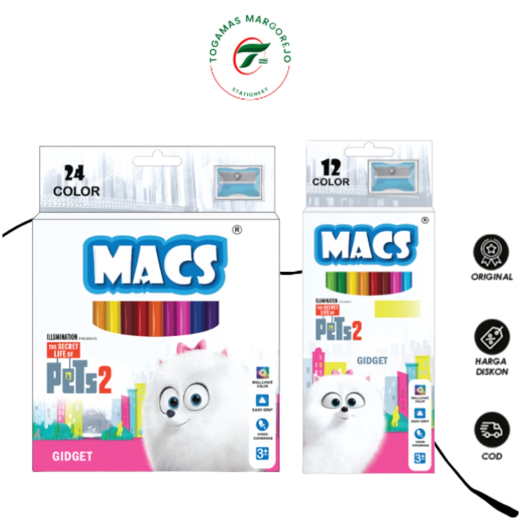 

READY !! PENSIL WARNA 12 & 24 COLOUR GIDGET PETS PER PACK MACS + SHARPENER