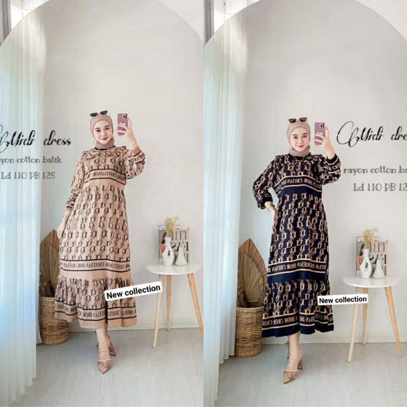 DIOR - Midi Dress Motif Dior Bahan Rayon Premium Terbaru Gamis Andin