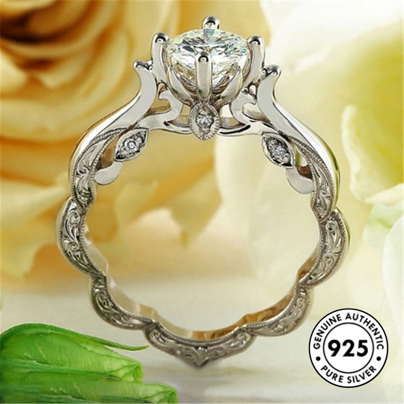 Cincin Sterling Silver 925 Elegan Dengan Ukiran + Berlian Untuk Wanita