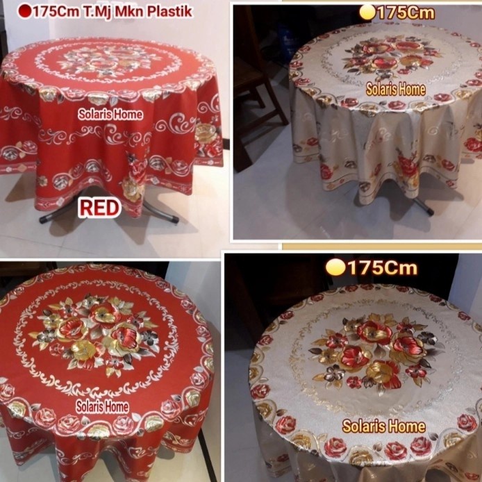 Taplak Meja Makan - Taplak Meja Makan Bulat Bundar Plastik 6-8K Gold Emas Merah Mewah