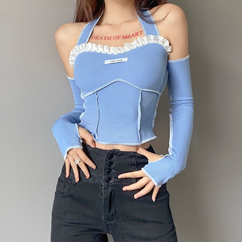 [✅BISA COD] #Sisjuly# Indah Sayang Jahitan Renda Manis dan Keren Menggantung Leher Satu Bahu Lengan Panjang T-shirt